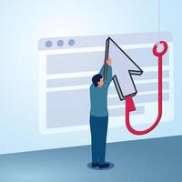 A man takes the mouse pointer from the fishing rod in front of a website page. Illustration for click bait, digital phishing, online marketing. vector