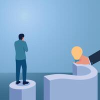 A man climbs a large question mark and at the end is an idea light, an illustration of business support. vector