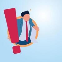 A man comes out of a hole next to him is a big red exclamation mark. Illustration for warning, caution and alert. vector