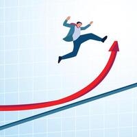 A man jumps high as the arrow graph goes up. Illustration of exponential growth, rapid growth and drastic development. vector
