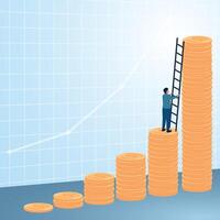 A man leans on a tall ladder to climb a pile of coins. Illustration of exponential growth, rapid growth and drastic development. vector