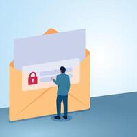 A man enters username and password in an email envelope. Illustration for email security, digital protection, privacy and confidentiality. vector