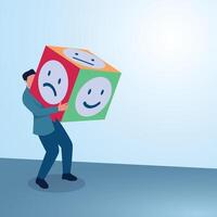 A man holds up dice in the form of satisfied and angry faces. Illustration for feedback, customer reviews, client satisfaction. vector