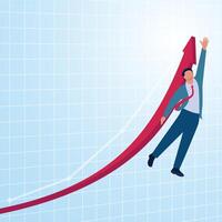 A man jumps trying to reach the top of a rapidly rising graph. Illustration of exponential growth, rapid growth and drastic development. vector