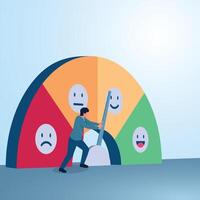 A man pushes the needle of satisfaction meter towards good feedback. Illustration for feedback, customer review, client satisfaction. vector