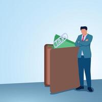A man crosses his arms looking at money in a wallet with a tax clip. Illustration for paying taxes, tax deductions, taxable income. vector