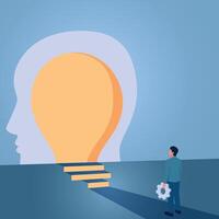 A man carrying gears up the ladder of ideas, an illustration of building a mindset. vector