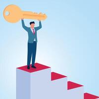 A man holding up a key on top of a podium. Illustration for business keys, business systems and strategies, opportunities and motivation. vector