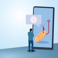 A man stands in front of a mobile phone with money on the bait. Illustration for click bait, digital phishing, online marketing. vector