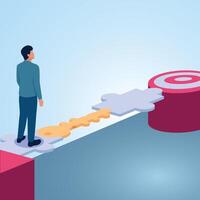 A man stands on a bridge made of keys to cross to the target. Illustration for business keys, business systems and strategies, opportunities and motivation. vector