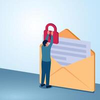 A man puts a padlock on an email envelope. Illustration for email security, digital protection, privacy and confidentiality. vector