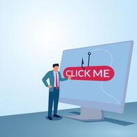 A man stands in front of a monitor screen that says click here. Illustration for click bait, digital phishing, online marketing. vector