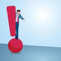 A man standing on a big red exclamation mark. Illustration for warning, caution and alert. vector