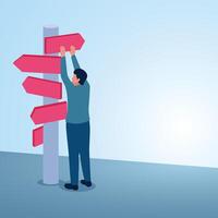 A man installs his own road sign. Illustration for making your own business path, career planning, skill development, professional way. vector