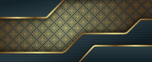 Abstract template gradient dark background with gold squares shapes pattern. transparency stripe line pattern. horizontal layout. modern geometry design. vector