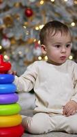 Happy baby boy collecting the pieces of toy pyramid. Toddler is waving hands happily and smiling. Black cat walking by at foreground. Christmas tree at backdrop. Vertical video