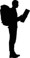 silhouette of a backpacker looking at map vector