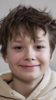 Portrait of a nice smiling kid looking into camera. Boy puts his hands on face making glasses and turns to the sides. Close up. Vertical video