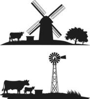 Farm Scene with Cattle and Windmill File, Farming Art Commercial and Personal Use Cricut Silhouette, vector