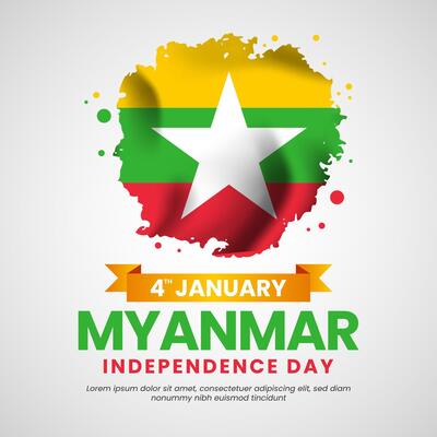 Myanmar Independence Day Celebration Design Illustration with grunge brush flag style. Template for Poster, Banner, Advertising, Greeting Card or Print Design Elementation