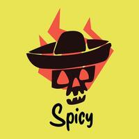 The logo design of a skull wearing a sombrero hat with flames behind it is suitable for a spicy food logo vector