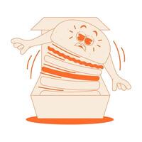 Funky burger character in lunch box in trendy retro groovy style. Psychedelic fast food mascot with face and hands. Cool sticker in monochrome palette vector
