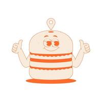 Funky burger character with location sign in trendy retro groovy style. Psychedelic fast food mascot with face and hands. Cool sticker in monochrome palette vector