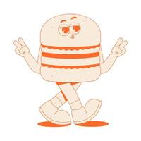 Funky burger character in trendy retro groovy style. Psychedelic walking fast food mascot with face, hands and legs. Cool sticker in monochrome palette vector