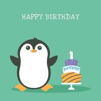 Greeting and invitation kids first Happy Birthday card. Cute baby penguin and cake in flat childrens style. illustration, design for card, poster, event, prints vector
