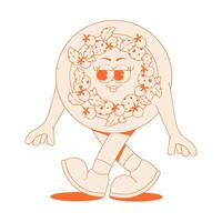 Funky round pizza character with pepperoni, tomatoes, basil in trendy retro groovy style. Psychedelic walking fast food mascot with face, hands and legs. Sticker in monochrome palette vector