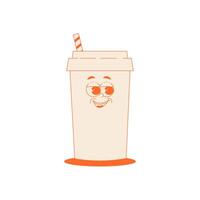 Funky red drink glass character with straw in trendy retro groovy style. Psychedelic fast food mascot with face. Cool sticker in monochrome palette vector
