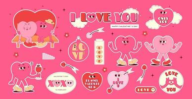 Retro groovy stickers set for Happy Valentines Day. Lovely heart characters in trendy retro 70s 80s style. Love concept. elements on pink background vector