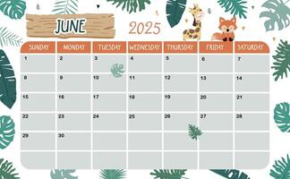2025 June calendar week start on Sunday with safari style for horizonral printable design vector
