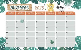 2025 November calendar week start on Sunday with safari style for horizonral printable design vector