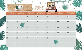 2025 July calendar week start on Sunday with safari style for horizonral printable design vector