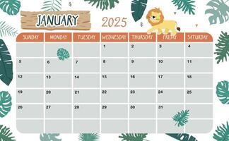 2025 January calendar week start on Sunday with safari style for horizonral printable design vector