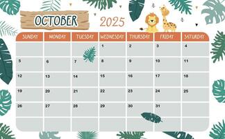 2025 October calendar week start on Sunday with safari style for horizonral printable design vector