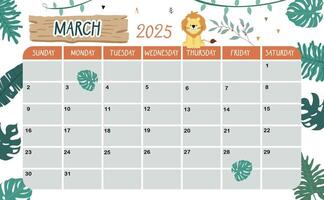 2025 March calendar week start on Sunday with safari style for horizonral printable design vector