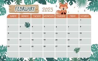 2025 February calendar week start on Sunday with safari style for horizonral printable design vector