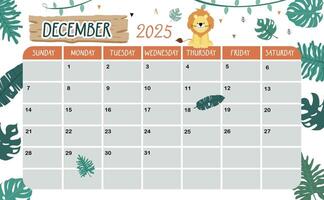 2025 December calendar week start on Sunday with safari style for horizonral printable design vector