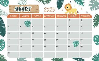 2025 August calendar week start on Sunday with safari style for horizonral printable design vector