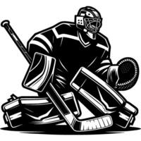 Hockey goalie deflects shot on goal in defensive motion in monochrome. Simple minimalistic in black ink drawing on white background vector