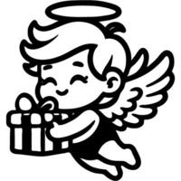 Angel Cupid flies and carries gift box in hands in monochrome. Simple minimalistic in black ink drawing on white background vector