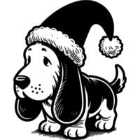 Basset Hound wearing a festive New Year hat in monochrome. Simple minimalistic in black ink drawing on white background vector
