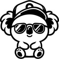 Baby koala sits wearing sunglasses with a baseball cap on his head in monochrome. Simple minimalistic in black ink drawing on white background vector