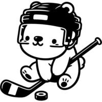 Baby polar bear hockey player sits uncertainly on ice with stick and puck in monochrome. Simple minimalistic in black ink drawing on white background vector