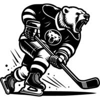 Polar bear hockey player learn to attack the opponent goal in monochrome. Simple minimalistic in black ink drawing on white background vector