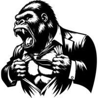 Boss gorilla rips shirt at chest in rage in monochrome. Wild angry monkey animal in human form roars in madness. Tattoo minimalistic in black ink drawing on white background vector