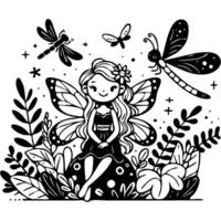 Fairy girl with wings sits in forest clearing surrounded fluttering dragonflies in monochrome. Love and protection of nature. Simple minimalistic in black ink drawing on white background vector