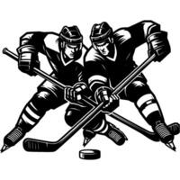 Fierce struggle between hockey players competing for puck in monochrome. Simple minimalistic in black ink drawing on white background vector